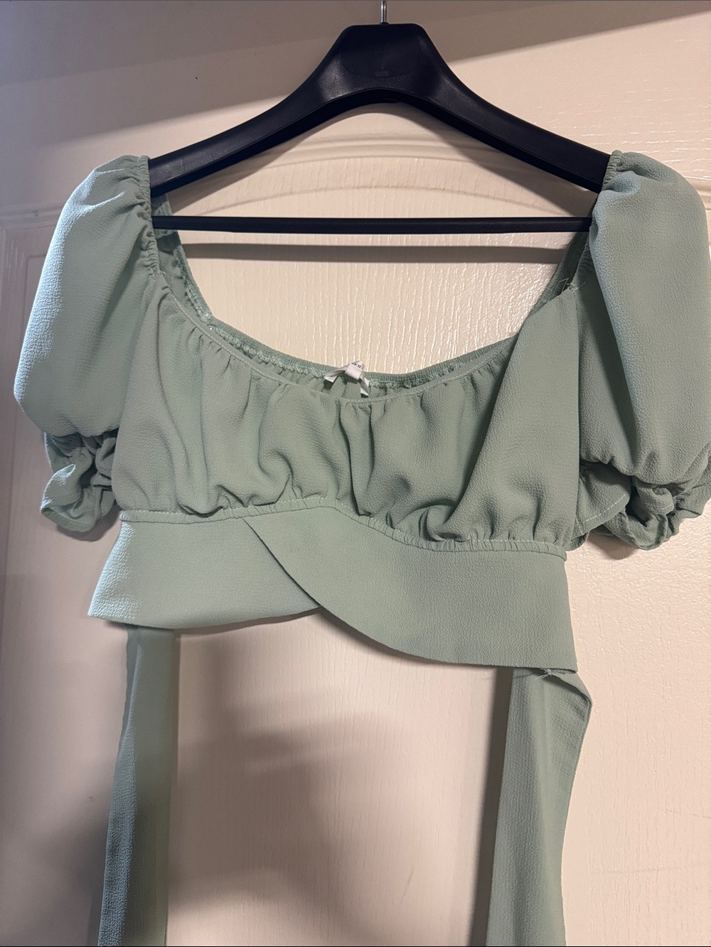 Better Be Mint Sage Puff-Sleeve Cropped Wrap Top - Picture 3 of 10